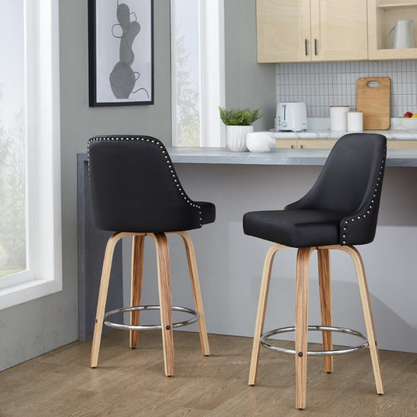 English Elm 27Fixed-Height Swivel Counter Stools Walnut Legs Black Faux Leather Set of 2 Zebra Wood B202S02266