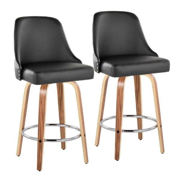 English Elm 27Fixed-Height Swivel Counter Stools Walnut Legs Black Faux Leather Set of 2 Zebra Wood B202S02266