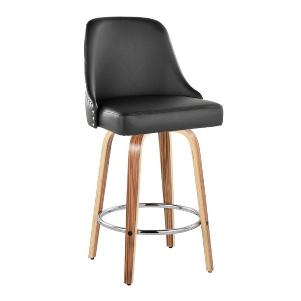 English Elm 27Fixed-Height Swivel Counter Stools Walnut Legs Black Faux Leather Set of 2 Zebra Wood B202S02266