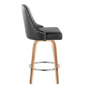 English Elm 27Fixed-Height Swivel Counter Stools Walnut Legs Black Faux Leather Set of 2 Zebra Wood B202S02266