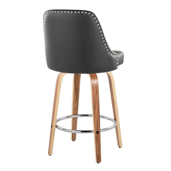 English Elm 27Fixed-Height Swivel Counter Stools Walnut Legs Black Faux Leather Set of 2 Zebra Wood B202S02266