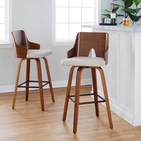 English Elm Fixed-Height Swivel Barstools with Grey Upholstered Seats and Matte Black Legs Set of 2 B202S02267