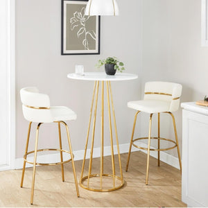 English Elm 30 Inch Swivel Barstools with Gold Metal Frame White Faux Leather Seat Set of 2 B202S02268