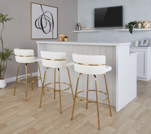 English Elm 30 Inch Swivel Barstools with Gold Metal Frame White Faux Leather Seat Set of 2 B202S02268