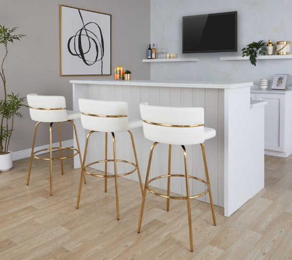 English Elm 30 Inch Swivel Barstools with Gold Metal Frame White Faux Leather Seat Set of 2 B202S02268