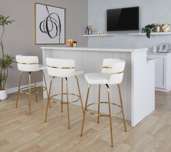 English Elm 30 Inch Swivel Barstools with Gold Metal Frame White Faux Leather Seat Set of 2 B202S02268