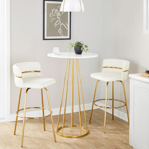 English Elm 30 Inch Swivel Barstools with Gold Metal Frame White Faux Leather Seat Set of 2 B202S02268