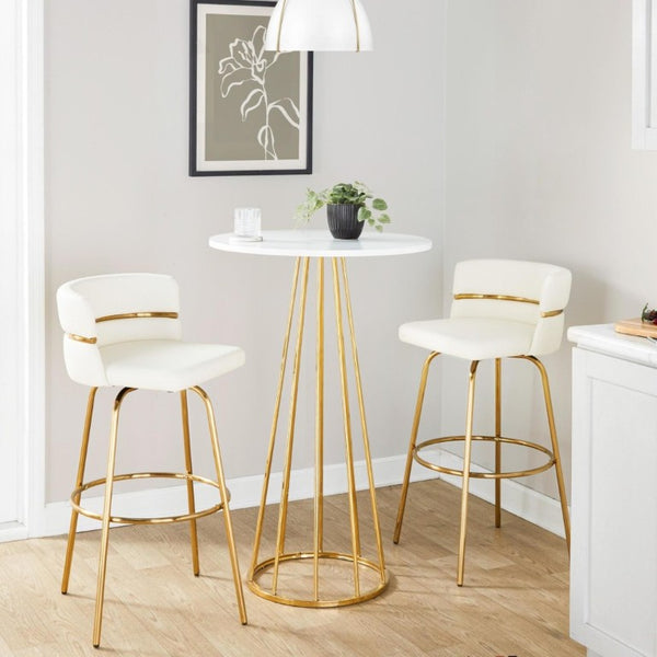 English Elm 30 Inch Swivel Barstools with Gold Metal Frame White Faux Leather Seat Set of 2 B202S02268