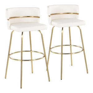 English Elm 30 Inch Swivel Barstools with Gold Metal Frame White Faux Leather Seat Set of 2 B202S02268