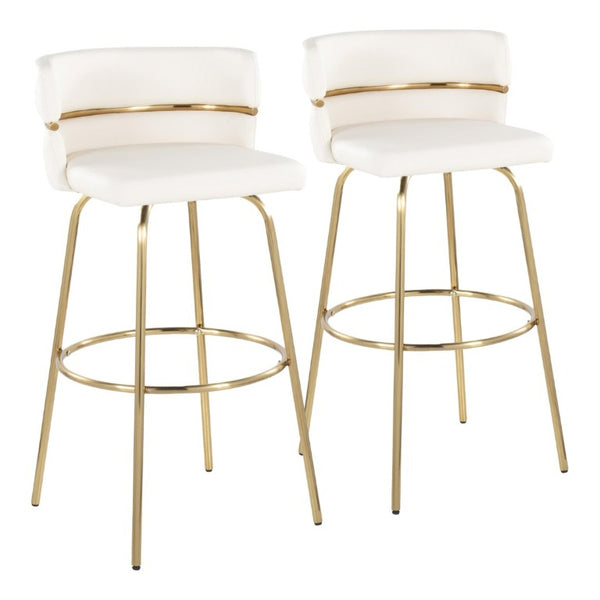 English Elm 30 Inch Swivel Barstools with Gold Metal Frame White Faux Leather Seat Set of 2 B202S02268