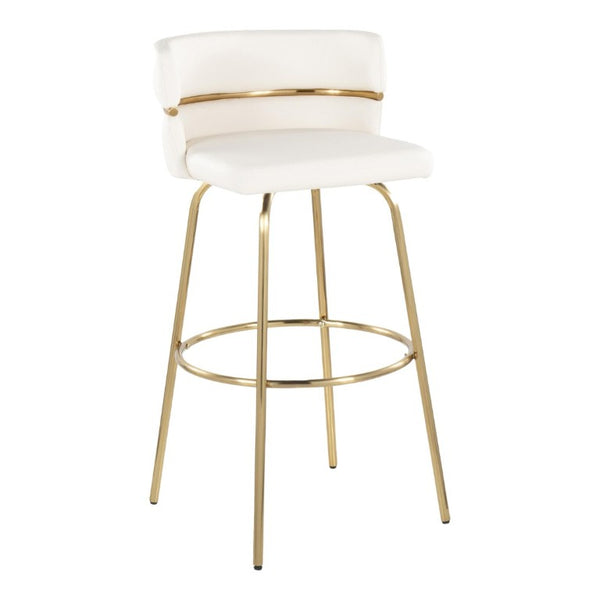 English Elm 30 Inch Swivel Barstools with Gold Metal Frame White Faux Leather Seat Set of 2 B202S02268