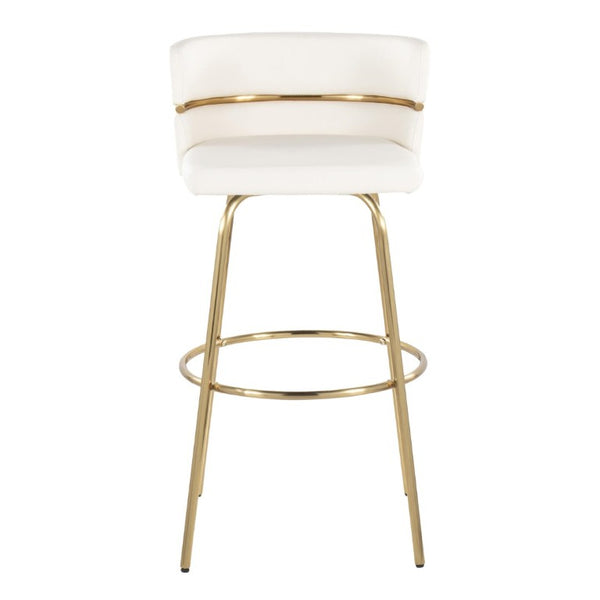 English Elm 30 Inch Swivel Barstools with Gold Metal Frame White Faux Leather Seat Set of 2 B202S02268