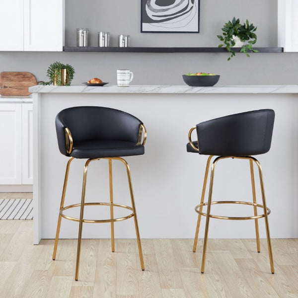 English Elm 30 Inch Glam Swivel Barstools Faux Leather Seat Metal Frame Set of 2 for Kitchen Island Black Gold B202S02269