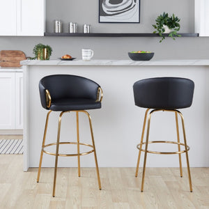 English Elm 30 Inch Glam Swivel Barstools Faux Leather Seat Metal Frame Set of 2 for Kitchen Island Black Gold B202S02269