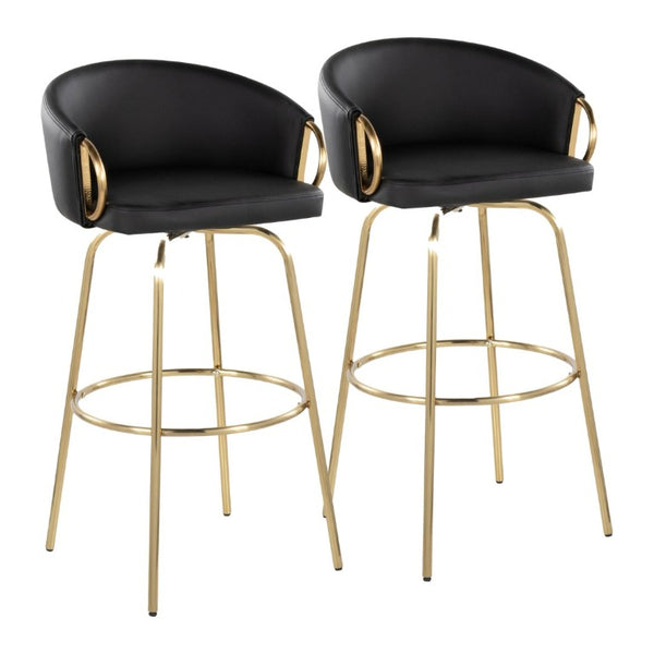 English Elm 30 Inch Glam Swivel Barstools Faux Leather Seat Metal Frame Set of 2 for Kitchen Island Black Gold B202S02269