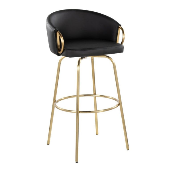 English Elm 30 Inch Glam Swivel Barstools Faux Leather Seat Metal Frame Set of 2 for Kitchen Island Black Gold B202S02269