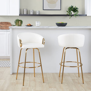 English Elm 30 Inch Glam Swivel Barstools Faux Leather Seat Metal Frame Set of 2 for Kitchen Island White Gold B202S02270