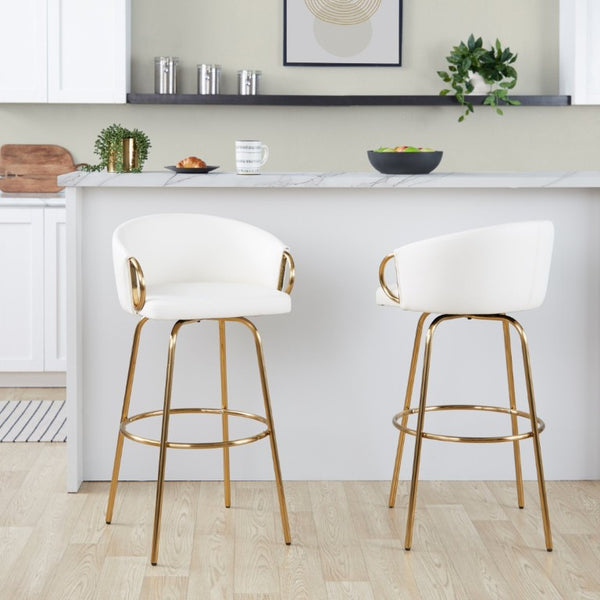 English Elm 30 Inch Glam Swivel Barstools Faux Leather Seat Metal Frame Set of 2 for Kitchen Island White Gold B202S02270