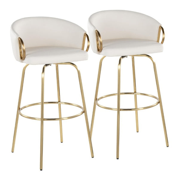 English Elm 30 Inch Glam Swivel Barstools Faux Leather Seat Metal Frame Set of 2 for Kitchen Island White Gold B202S02270