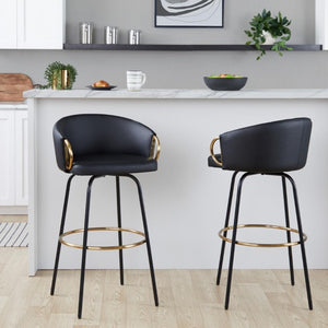 English Elm 30 Inch Glam Swivel Barstools Faux Leather Seat Metal Frame Set of 2 for Kitchen Island Black Black B202S02271