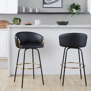 English Elm 30 Inch Glam Swivel Barstools Faux Leather Seat Metal Frame Set of 2 for Kitchen Island Black Black B202S02271