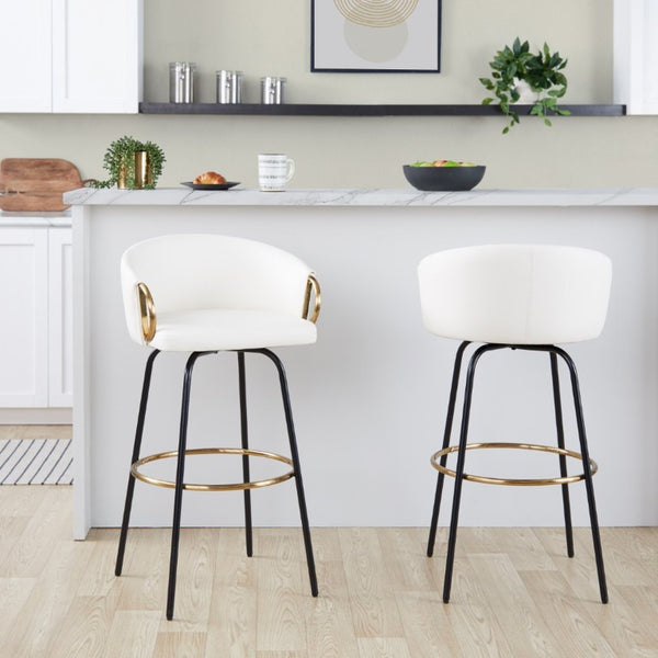 English Elm 30 Inch Swivel Barstools Set of 2 Faux Leather Seats Black Frame Gold Footrest B202S02272