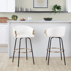 English Elm 30 Inch Swivel Barstools Set of 2 Faux Leather Seats Black Frame Gold Footrest B202S02272