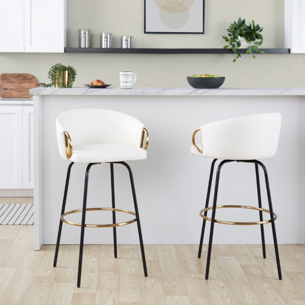 English Elm 30 Inch Swivel Barstools Set of 2 Faux Leather Seats Black Frame Gold Footrest B202S02272