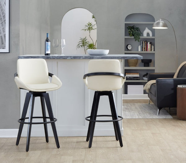 English Elm Fixed-Height Swivel Barstool Set of 2 with Faux Leather Seat and Black Wood Legs B202S02273