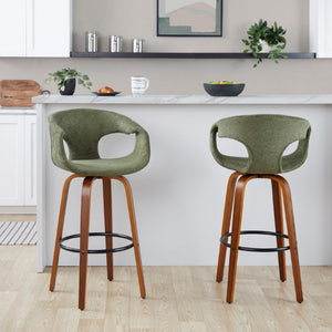 English Elm 30 Inch Swivel Barstools Set of 2 Walnut Frame Green Upholstery Mid-Century Bar Height B202S02274