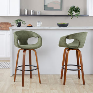 English Elm 30 Inch Swivel Barstools Set of 2 Walnut Frame Green Upholstery Mid-Century Bar Height B202S02274