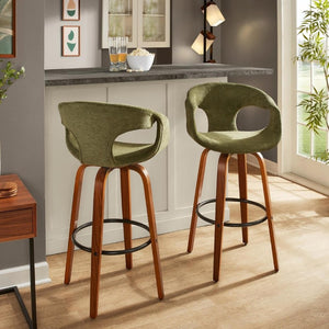English Elm 30 Inch Swivel Barstools Set of 2 Walnut Frame Green Upholstery Mid-Century Bar Height B202S02274
