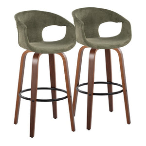 English Elm 30 Inch Swivel Barstools Set of 2 Walnut Frame Green Upholstery Mid-Century Bar Height B202S02274