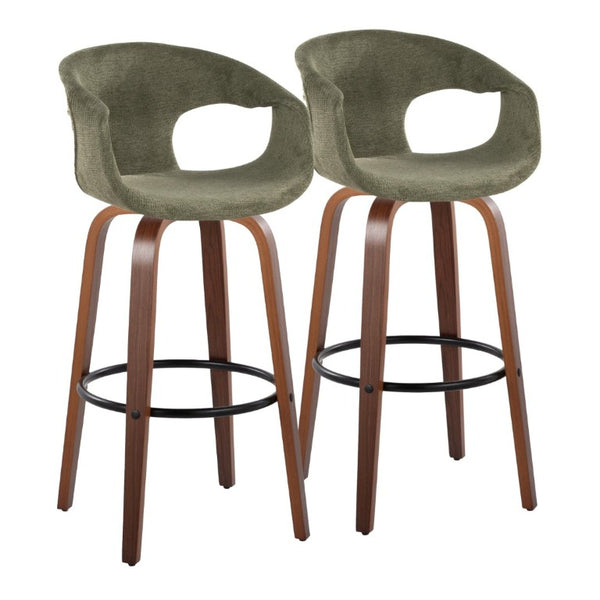 English Elm 30 Inch Swivel Barstools Set of 2 Walnut Frame Green Upholstery Mid-Century Bar Height B202S02274