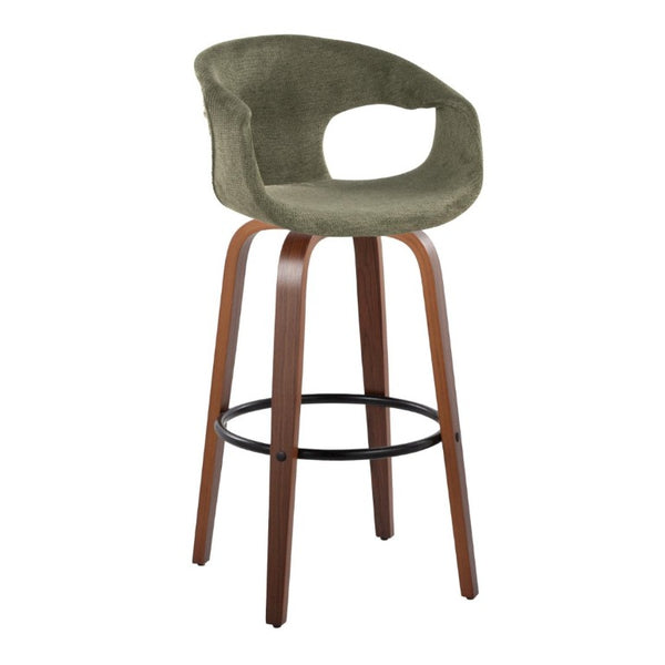 English Elm 30 Inch Swivel Barstools Set of 2 Walnut Frame Green Upholstery Mid-Century Bar Height B202S02274