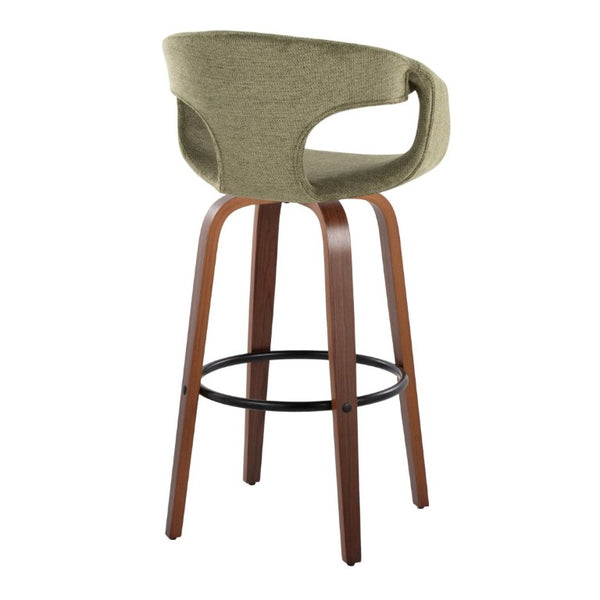 English Elm 30 Inch Swivel Barstools Set of 2 Walnut Frame Green Upholstery Mid-Century Bar Height B202S02274