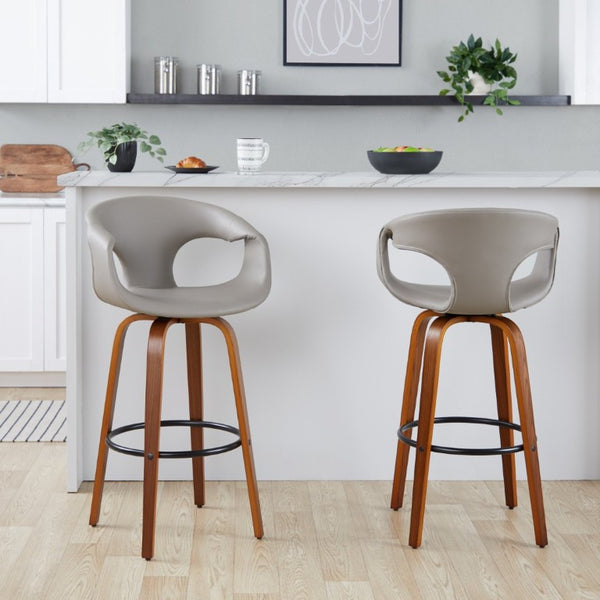 English Elm 30 Inch Mid-Century Swivel Barstools Set of 2 Walnut Frame Faux Leather Kitchen Island Mid-Century Modern - Walnut / Black B202S02275