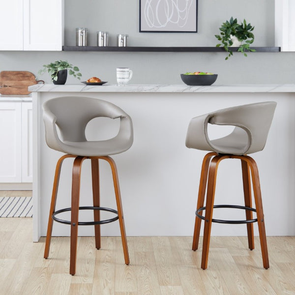English Elm 30 Inch Mid-Century Swivel Barstools Set of 2 Walnut Frame Faux Leather Kitchen Island Mid-Century Modern - Walnut / Black B202S02275