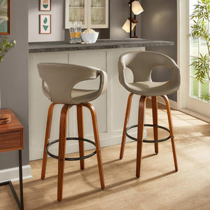English Elm 30 Inch Mid-Century Swivel Barstools Set of 2 Walnut Frame Faux Leather Kitchen Island Mid-Century Modern - Walnut / Black B202S02275