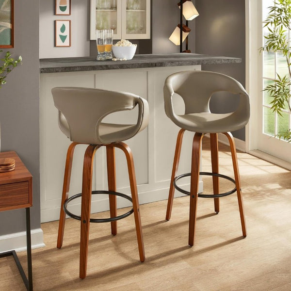 English Elm 30 Inch Mid-Century Swivel Barstools Set of 2 Walnut Frame Faux Leather Kitchen Island Mid-Century Modern - Walnut / Black B202S02275