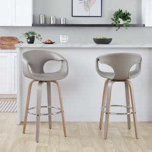English Elm 30 Inch Mid-Century Swivel Barstools Set of 2 Walnut Frame Faux Leather Kitchen Island Contemporary - Light Grey / Chrome B202S02276