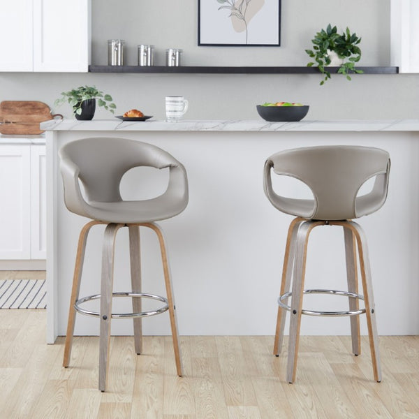 English Elm 30 Inch Mid-Century Swivel Barstools Set of 2 Walnut Frame Faux Leather Kitchen Island Contemporary - Light Grey / Chrome B202S02276