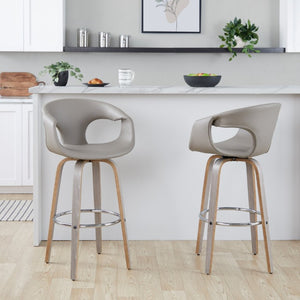English Elm 30 Inch Mid-Century Swivel Barstools Set of 2 Walnut Frame Faux Leather Kitchen Island Contemporary - Light Grey / Chrome B202S02276