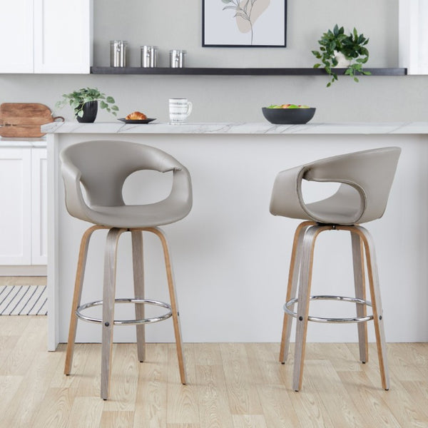 English Elm 30 Inch Mid-Century Swivel Barstools Set of 2 Walnut Frame Faux Leather Kitchen Island Contemporary - Light Grey / Chrome B202S02276