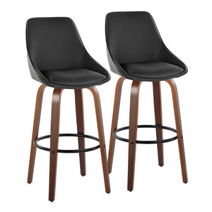 English Elm 30 Inch Swivel Barstools Set of 2 Walnut Bent Wood Legs Black PU Leather Kitchen Bar B202S02277