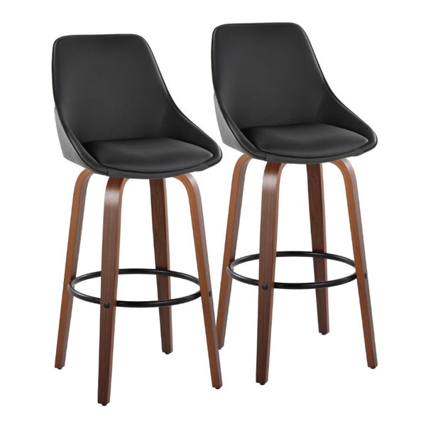 English Elm 30 Inch Swivel Barstools Set of 2 Walnut Bent Wood Legs Black PU Leather Kitchen Bar B202S02277