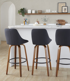 English Elm 30 Inch Swivel Barstools Set of 2 Walnut Bent Wood Legs Black PU Leather Kitchen Bar B202S02277