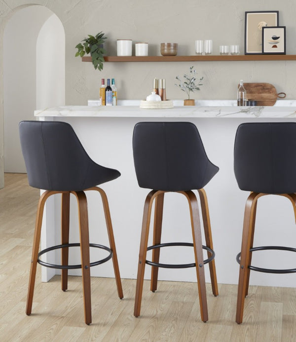 English Elm 30 Inch Swivel Barstools Set of 2 Walnut Bent Wood Legs Black PU Leather Kitchen Bar B202S02277