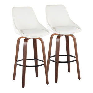 English Elm 30 Inch Swivel Barstools Set of 2 with Walnut Bentwood Legs and White PU Leather Seats B202S02278