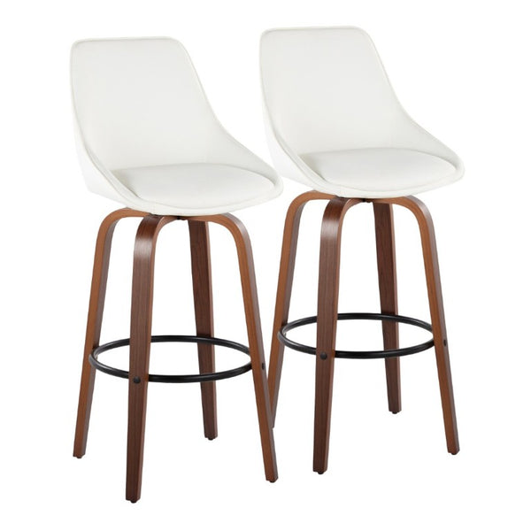 English Elm 30 Inch Swivel Barstools Set of 2 with Walnut Bentwood Legs and White PU Leather Seats B202S02278